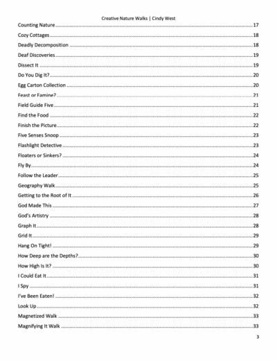 table of contents for homeschool nature study curriculum